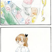 ●高知市長賞「ごみ拾いじゃないごみ拾い」 阿部杏樹 絵が上手ですね！拾ってる先から、ごみがこぼれて、どうどうめぐりのエンドレス。四コマ目の表現が上手ですね！漫画は多くは印刷されるものですから、もう少し濃く描く方が良いようです。せっかく上手な絵だから、試してみてね。（矢野） 袋が破れるというよくあることをこんな楽しい漫画にできるなんてすごい。アップや引きや上から見たところなど、変化のつけ方が本当に上手ですね。（くさか）